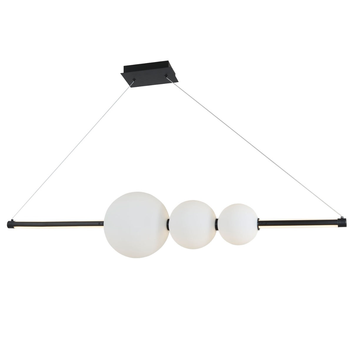 Modern Abra Orb pendant fixture with sleek linear bar, three glass orbs, and up-down LED illumination for dining and kitchen spaces