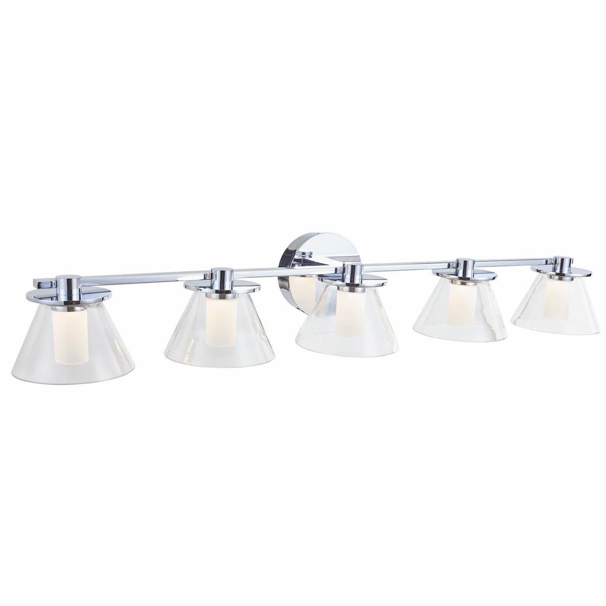 Modern Abra Cone 5-light vanity light with clear glass cone shades and opal glass diffusers for stylish mirror lighting