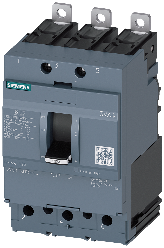 Siemens 25A 3-Pole 480V/600V Molded Case Circuit Breaker, UL Frame 125, 65kA Interrupt, TM210 Trip, Bolt-On, HID/HACR Listed