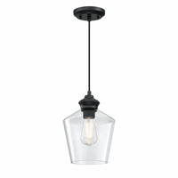 Westinghouse Lighting Ramsey 6132600 one-light mini pendant with matte black finish and hand-blown clear glass shade