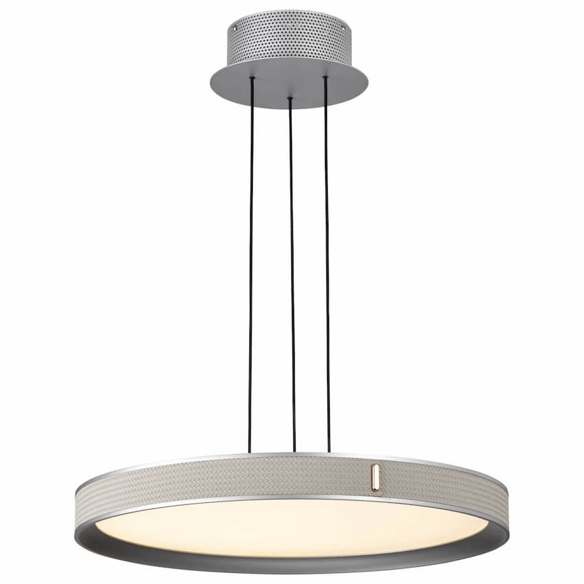 Satco Nuvo Bandon 62-3021 20-inch LED pendant with gray finish and off-white textured faux leather wrap