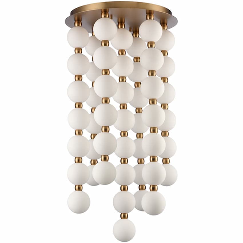 Arabela Lighting Mod 85283-47 contemporary chandelier with textured white glass spheres and warm Satin Brass steel construction