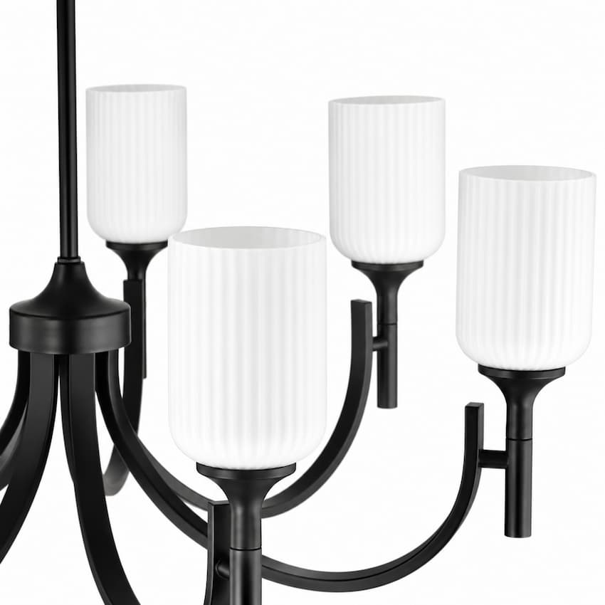Nuvo Solara 60-8651 40-inch indoor chandelier with Matte Black frame and softly diffusing frosted ribbed glass shades