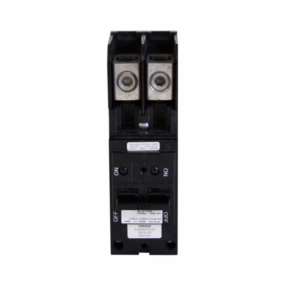Cutler Hammer 100 Amp 2 Pole 120/240V Plug-In Molded Case Circuit Breaker, BJ Series, Thermal Magnetic Trip, 10kA Interrupt Rating