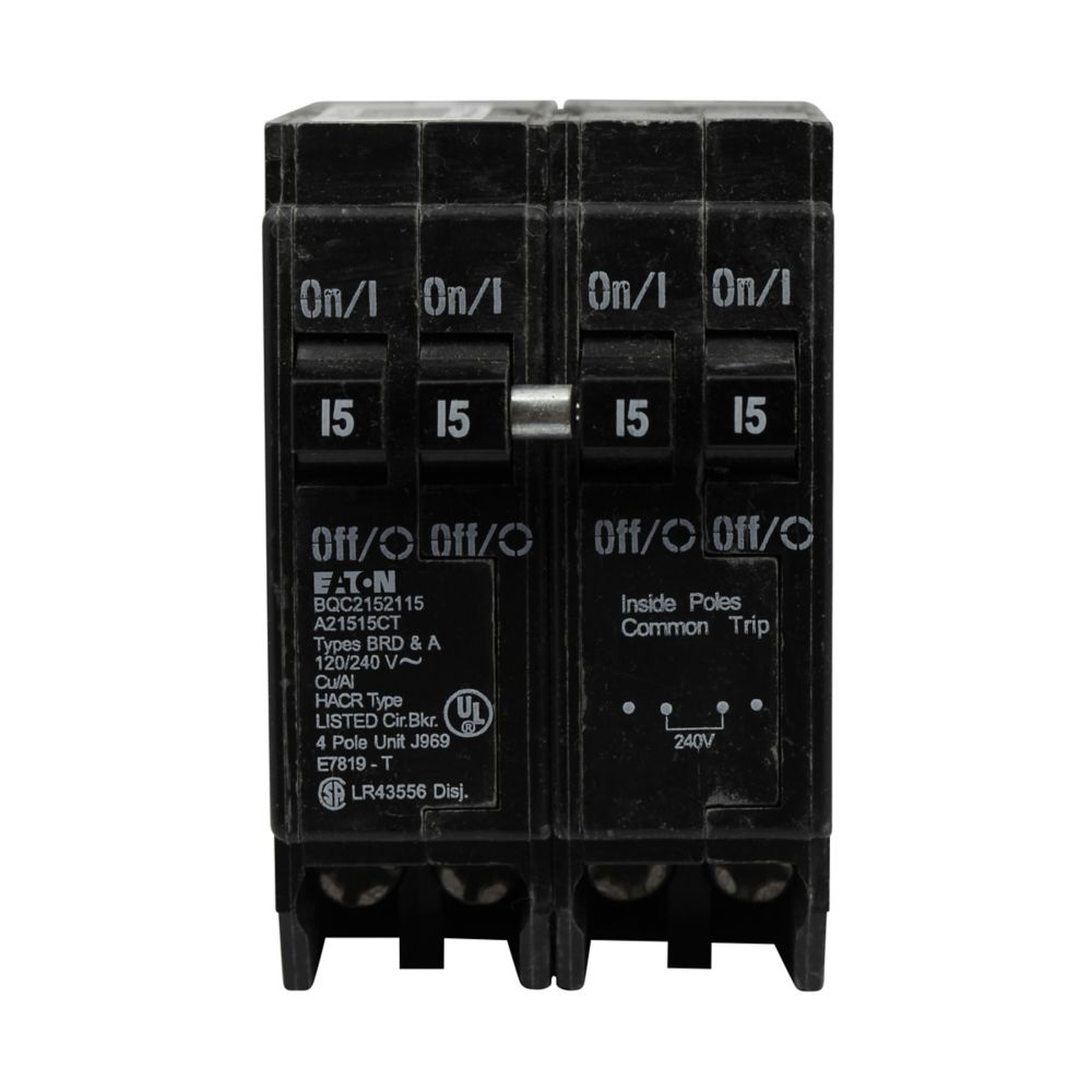 Cutler Hammer Quadplex Circuit Breaker, 20A/30A, 120/240V, 4-Pole, Plug-On, 10kAIC, BR Series, Thermal Magnetic Trip, UL 489