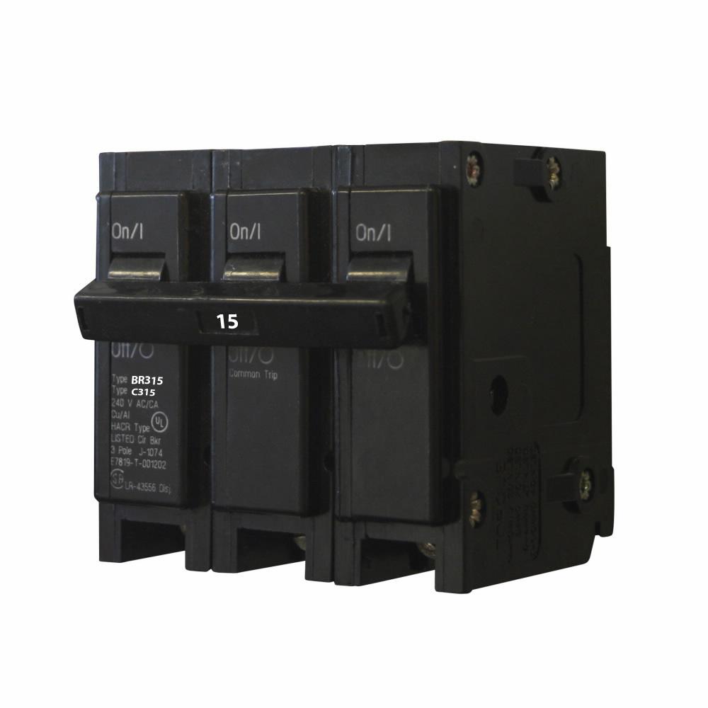 Cutler Hammer 15 Amp 240V 3-Pole Plug-On Type BR Thermal Magnetic Circuit Breaker, 10kAIC, UL 489 & CSA Listed