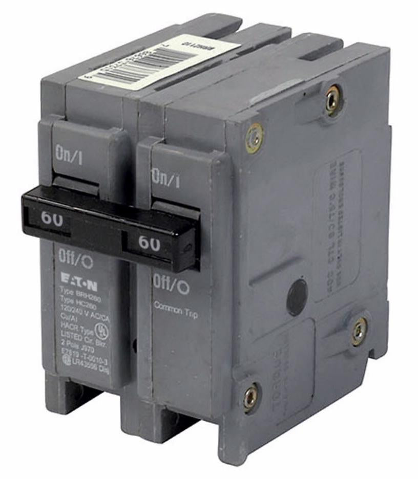 Cutler Hammer 60 Amp 2 Pole 120/240V Plug-On Type BR Circuit Breaker, 22kAIC, Thermal Magnetic Trip, HACR Rated