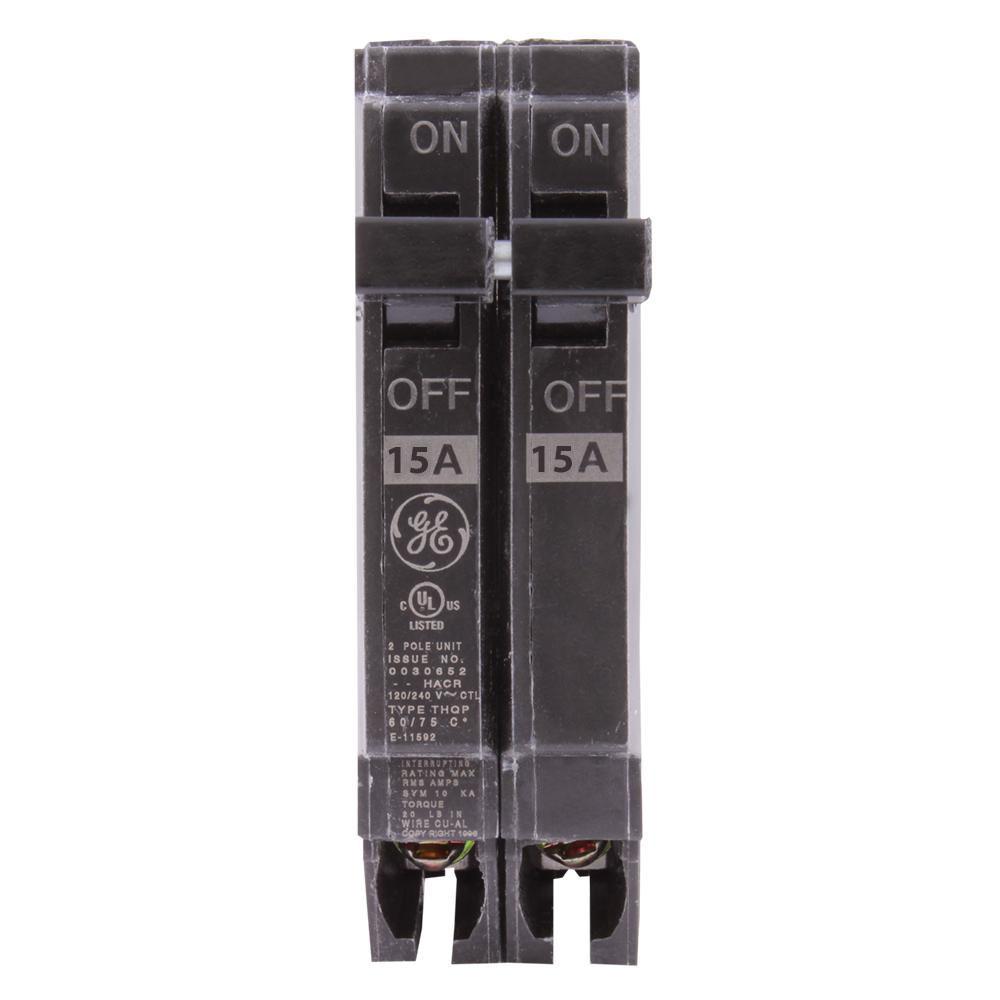 General Electric 15 Amp 2 Pole 120/240VAC Plug-In Q-Line Circuit Breaker, 10kAIC, Thermal Magnetic Trip, UL Listed