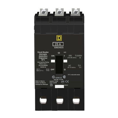 Schneider Electric (Square D) 3-Pole 25 A 480Y/277 V AC Bolt-On Circuit Breaker, Type EDB