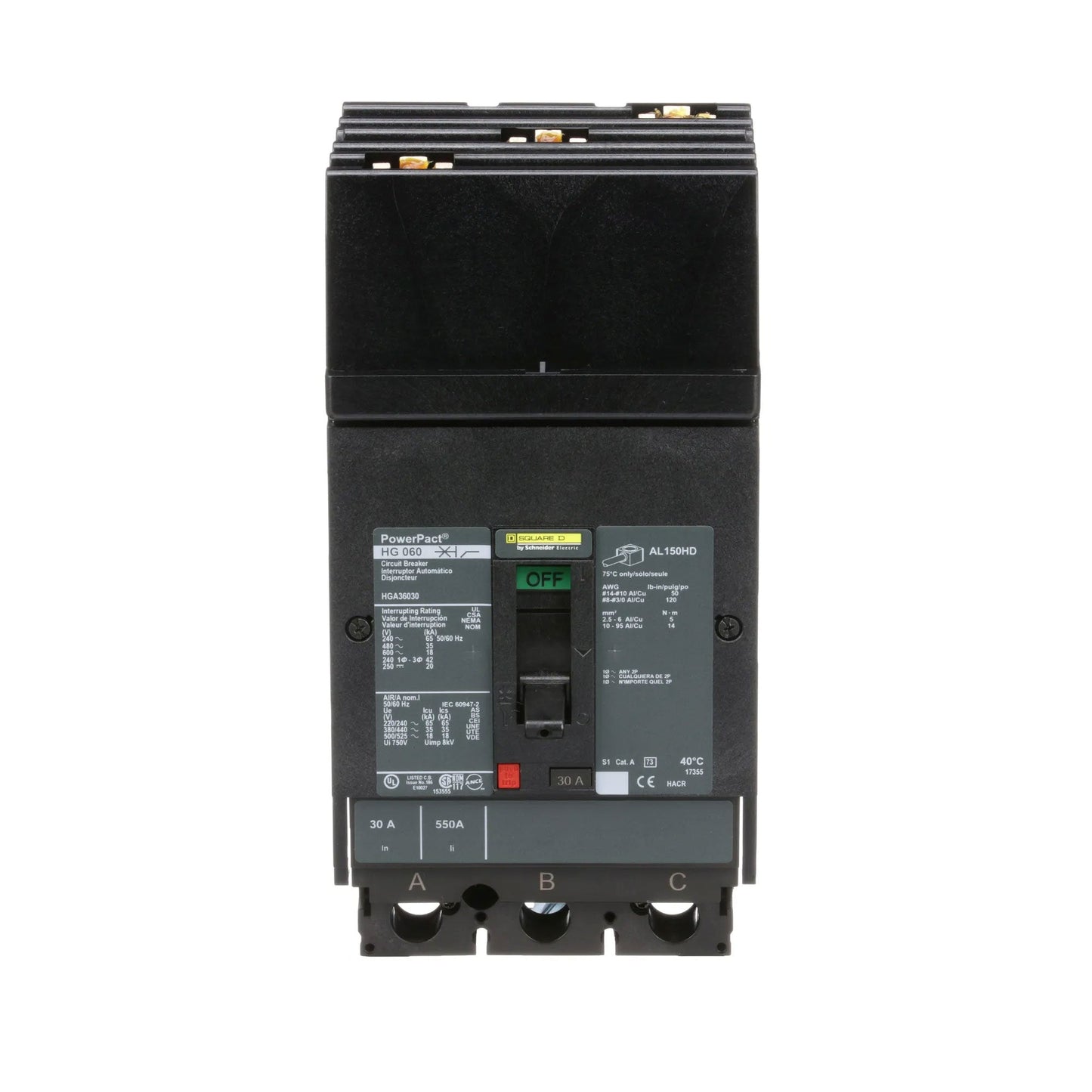 Square D PowerPacT H 30A 3 Pole 600/690VAC 35kAIC I-Line Plug-In Molded Case Circuit Breaker, Thermal Magnetic Trip, UL/CSA/CE/NEMA/IEC/NOM Certified