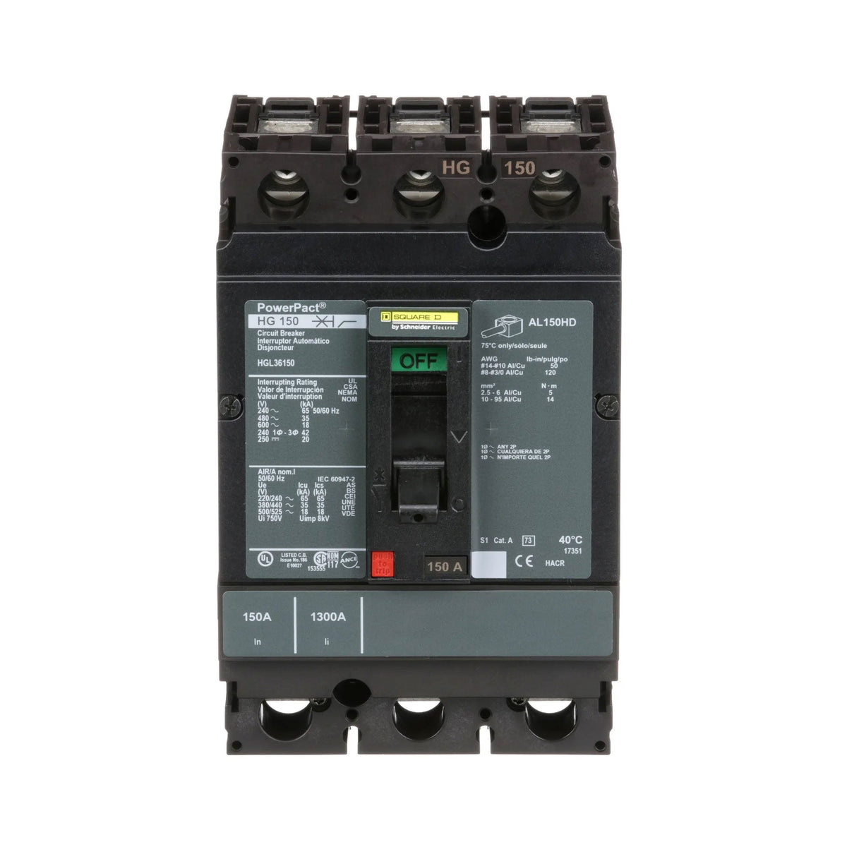 Square D 150A 600VAC 3 Pole PowerPacT H Molded Case Circuit Breaker Thermal Magnetic