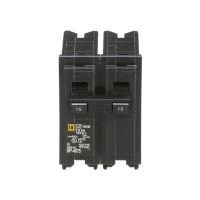 Square D Homeline 15A 2-Pole Plug-In Circuit Breaker, 120/240VAC, 10kA Interrupt, UL Listed, HACR, Standard Trip