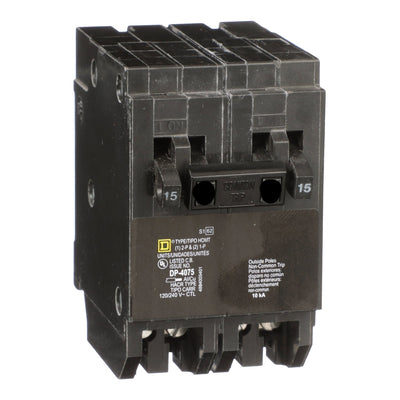 Square D Homeline Quad Tandem Circuit Breaker, 2 x 15A 1P + 1 x 25A 2P, 120/240V, 10kA Interrupt, Plug-In Mount, Miniature Frame
