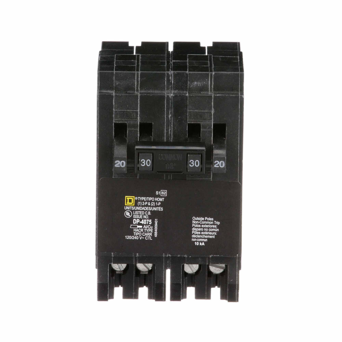 Square D Homeline Quad Tandem Circuit Breaker 120/240V 2 Pole 30A 1 Pole 20A Plug-In 10kA