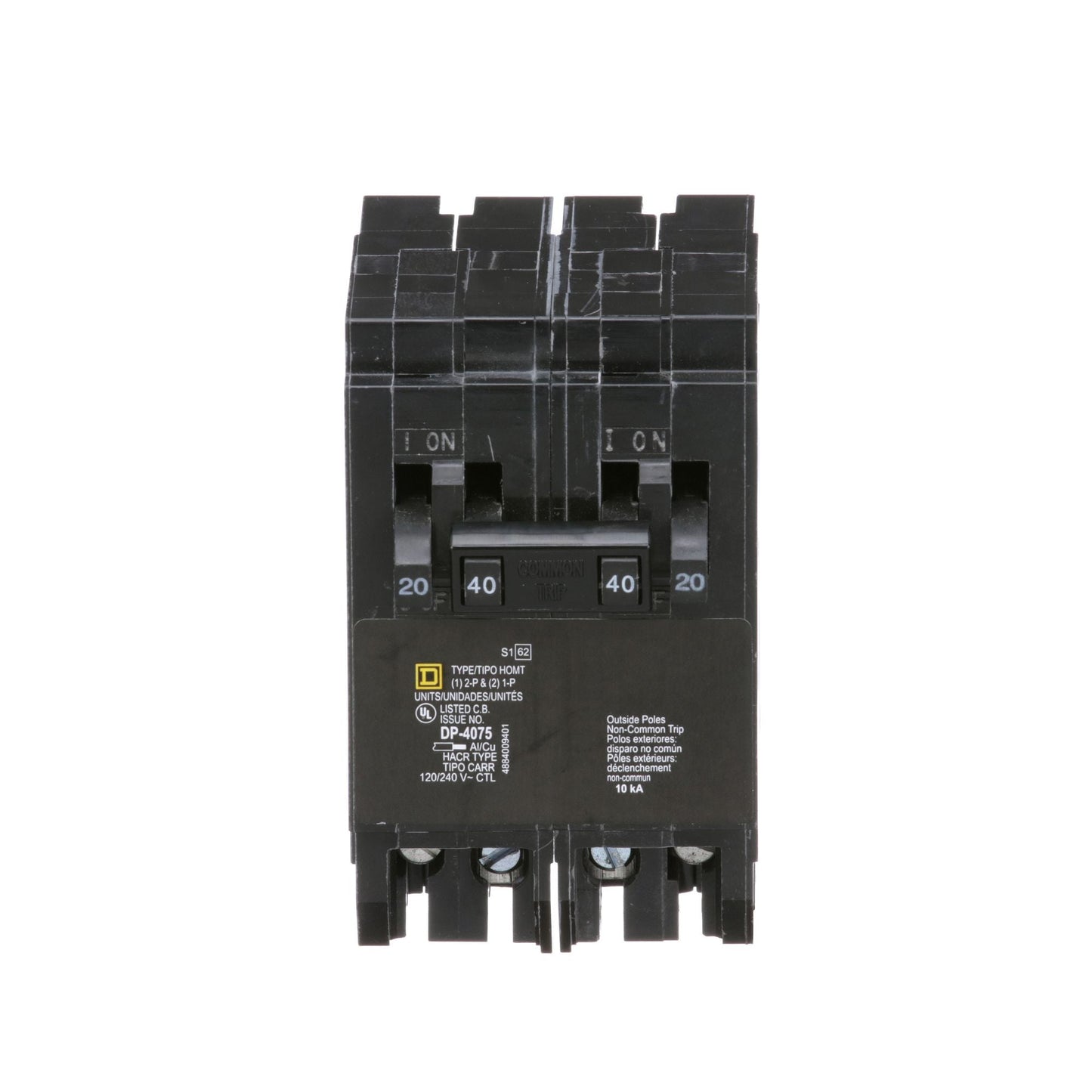 Square D Homeline Quad Tandem Circuit Breaker, 2-Pole 40A, 2 x 1-Pole 20A, 120/240V, 10kA, Plug-In, HOMT Series, Thermal Magnetic Trip, UL Listed