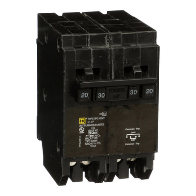 Schneider Electric Homeline Quad Tandem Mini Circuit Breaker 20A & 30A, 120/240V, 2 Pole, 10kA AIR, Plug-In