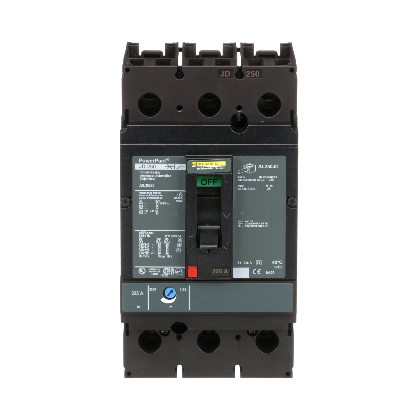 Square D PowerPacT J 225A 3P 600V 18kA@480V Thermal Magnetic Molded Case Circuit Breaker, Feed-Thru, Unit Mount, UL/CSA/CE