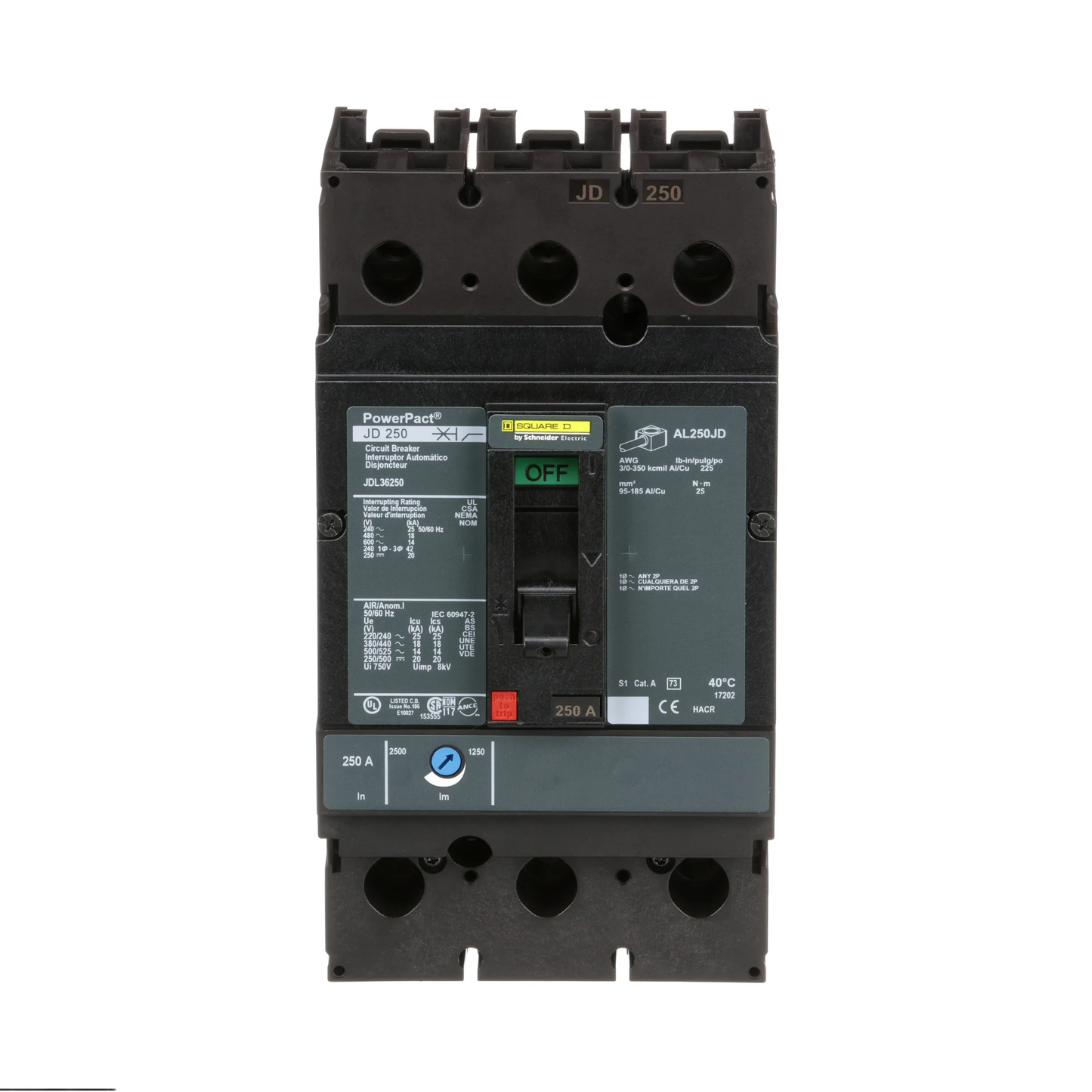 Square D PowerPacT J 250A 3P 600V Molded Case Circuit Breaker, Thermal Magnetic Trip, 18kAIC, Feed-Thru, UL Listed