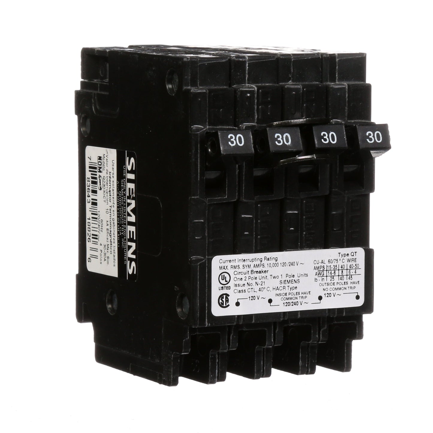 Siemens 30A 2-Pole Double and 2 Single Pole QT Quad Circuit Breaker 120/240V Plug-In