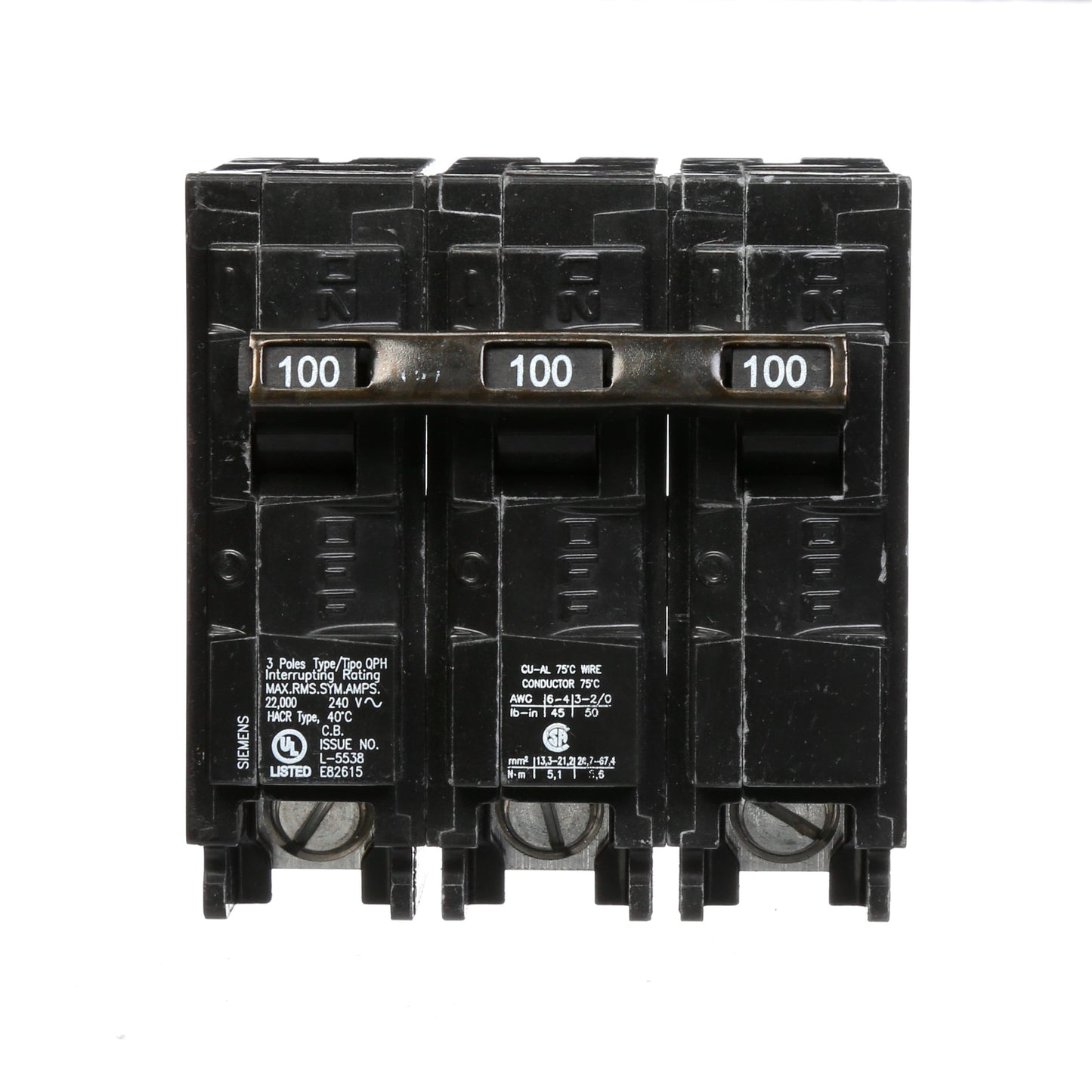 Siemens 100A 3 Pole 240V Circuit Breaker 22kA Interrupt Rating Plug-In