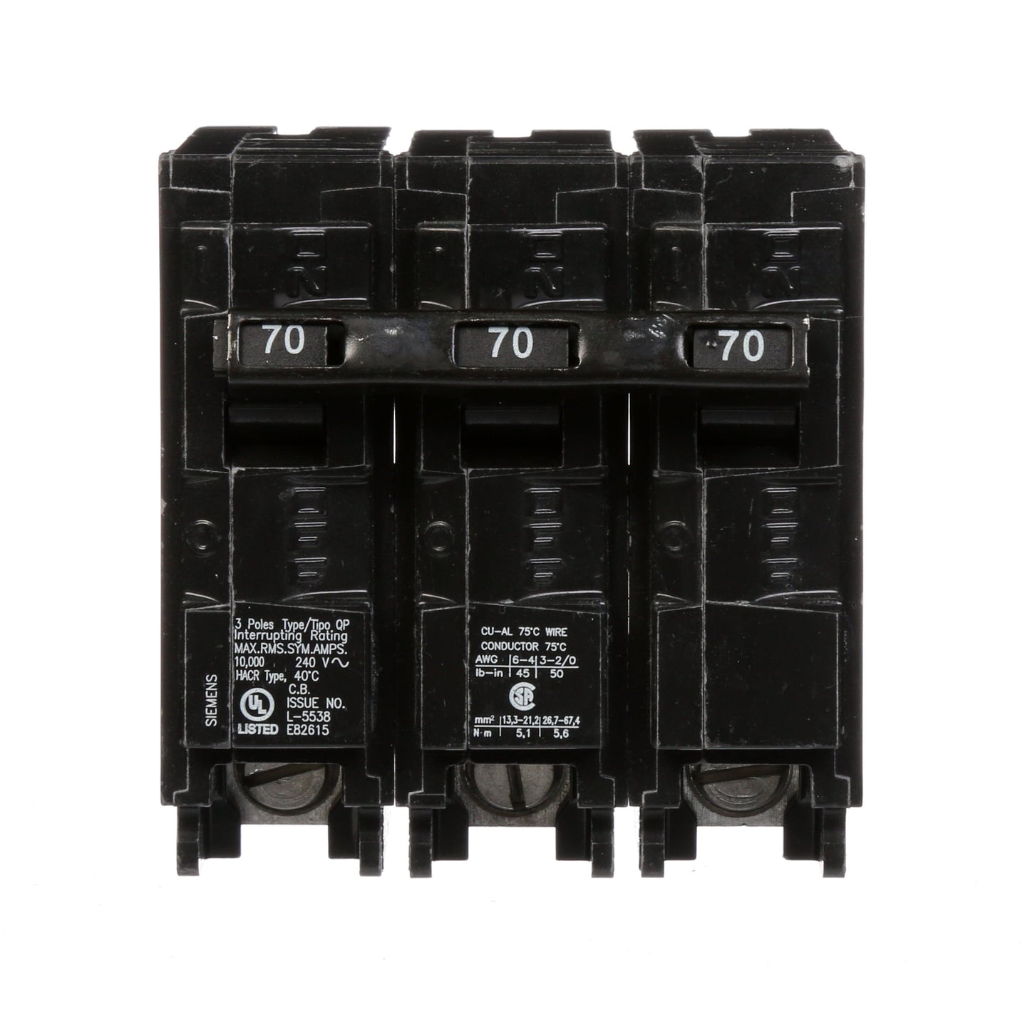 Siemens 70 Amp 3 Pole 240 VAC Plug-In Circuit Breaker 10 kA Interrupt Rating