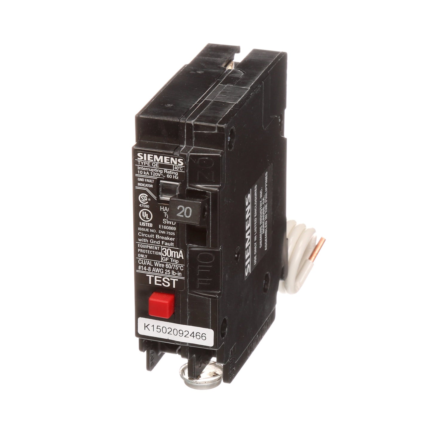 Siemens 20 Amp 1 Pole 120V Plug-In Ground Fault Equipment Protection Circuit Breaker, QE Series, 10 kA Interrupt, 30 mA GFEP, UL Listed