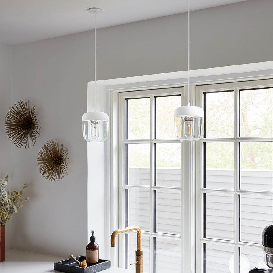UMAGE Acorn White and Steel Replacement Shade — styled interior view