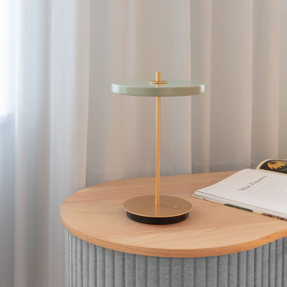 UMAGE Asteria Move LED Portable Table Lamp in Nuance Olive — styled interior view 18