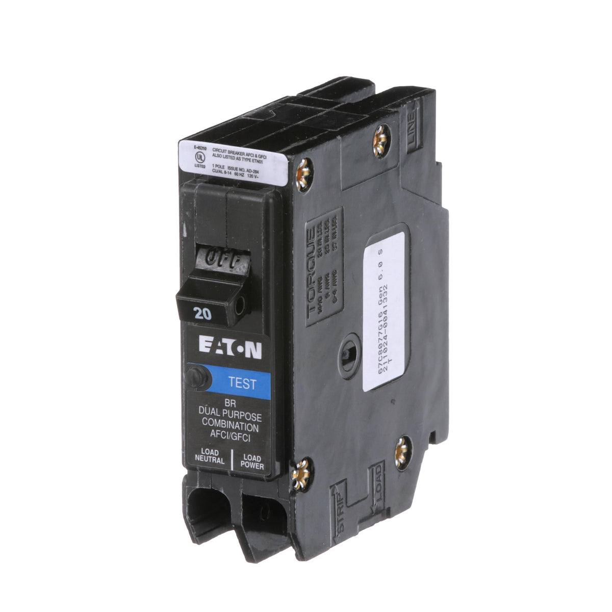 Eaton 20A 1-Pole BR Series Dual Function AFCI/GFCI Circuit Breaker 120/240V Plug-On Neutral 10kAIC