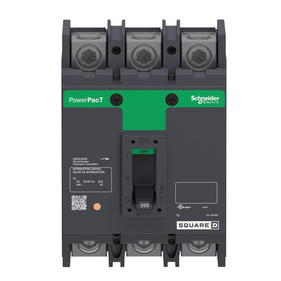 Square D PowerPacT Q 200A 3P 240VAC 10kAIC Molded Case Circuit Breaker, Thermal Magnetic, Feed-Thru, UL/CSA/NEMA/NOM, RoHS, HACR, Mercury Free, PVC Free
