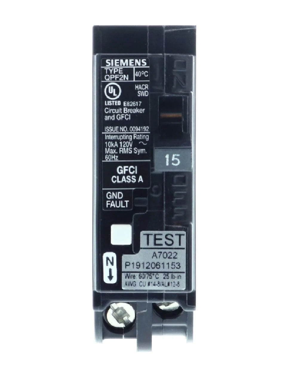 Siemens 15A 120V 1-Pole GFCI Circuit Breaker Plug-In QPF2N Frame 10kA Interrupt Rating