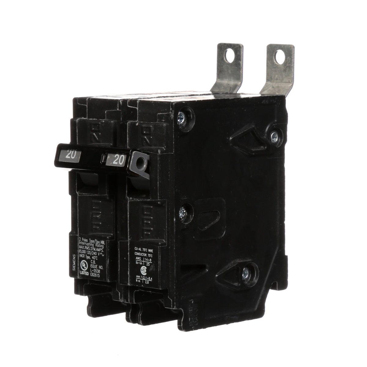 Siemens 20 Amp 2 Pole 120/240V Bolt-On Molded Case Circuit Breaker Type BL