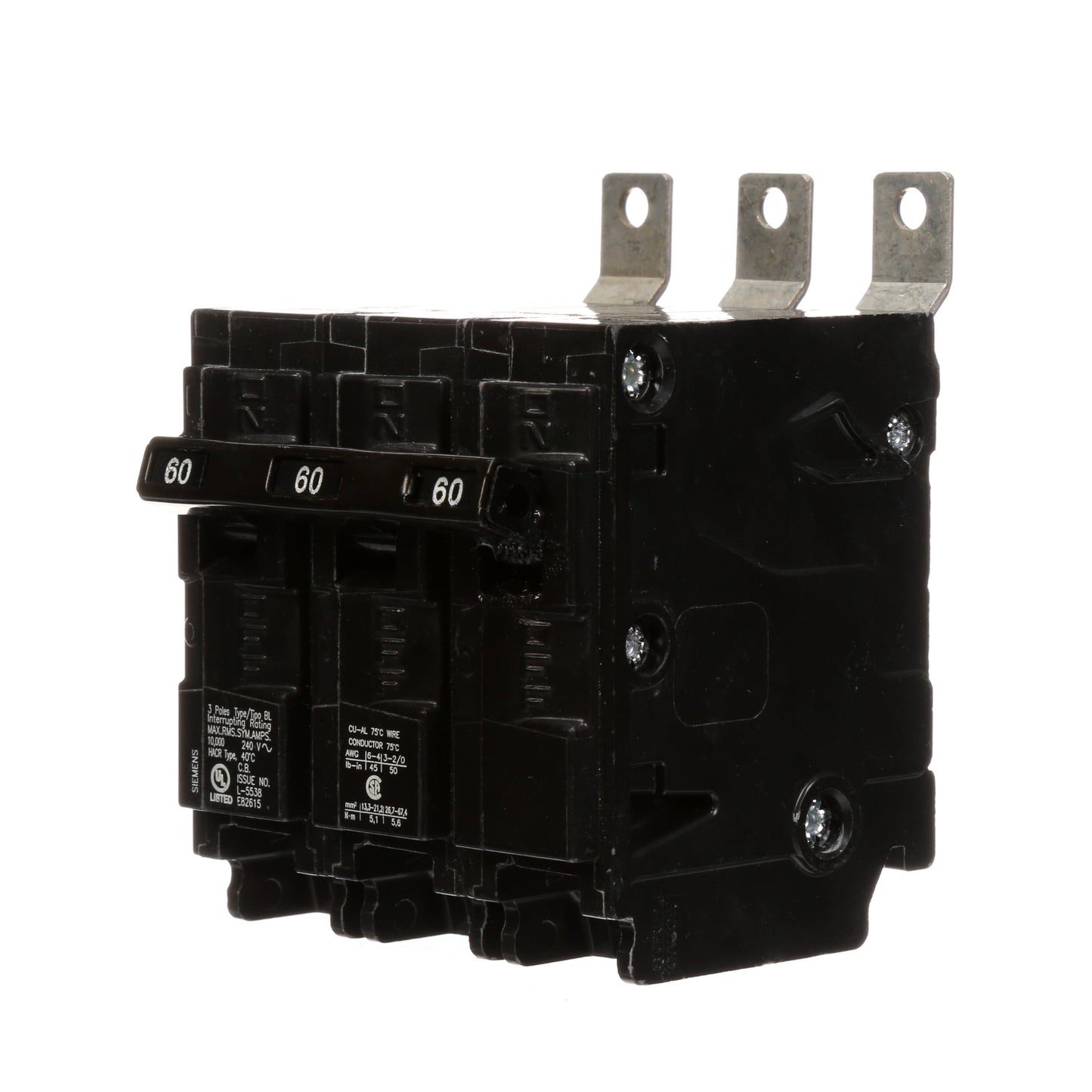 Siemens 3 Pole 60 Amp 240 VAC Bolt On Circuit Breaker 10 kA Interrupt