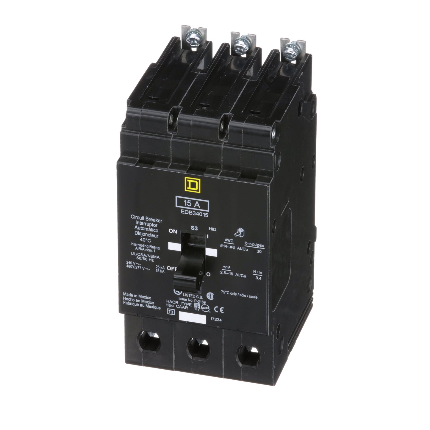 Schneider Electric (Square D) 3-Pole 15 A 480Y/277 V AC Bolt-On Circuit Breaker, Type EDB