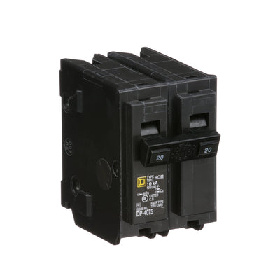Square D 20 Amp 2 Pole 120/240VAC Circuit Breaker Homeline Plug-In 10kA Interrupt Rating