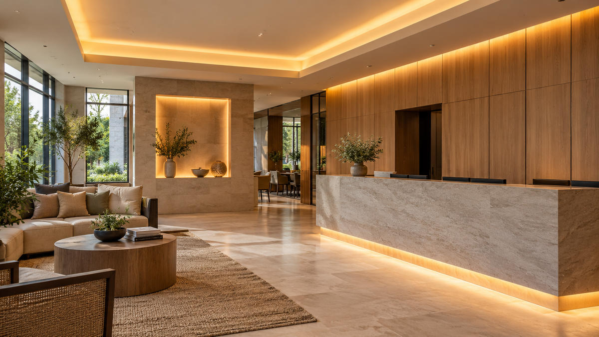 Warm LED tape lighting in modern lobby