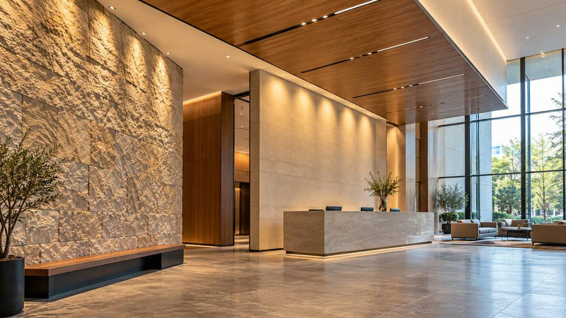 Architectural lighting illuminating modern stone reception lobby