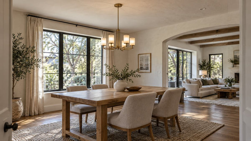 Brass chandelier hanging above a wooden dining table in a bright open-plan home.