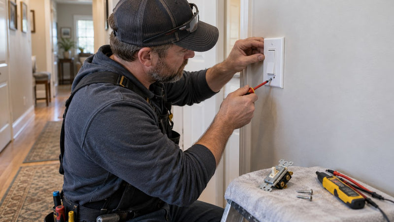 Electrician installing replacement light switch in hallway