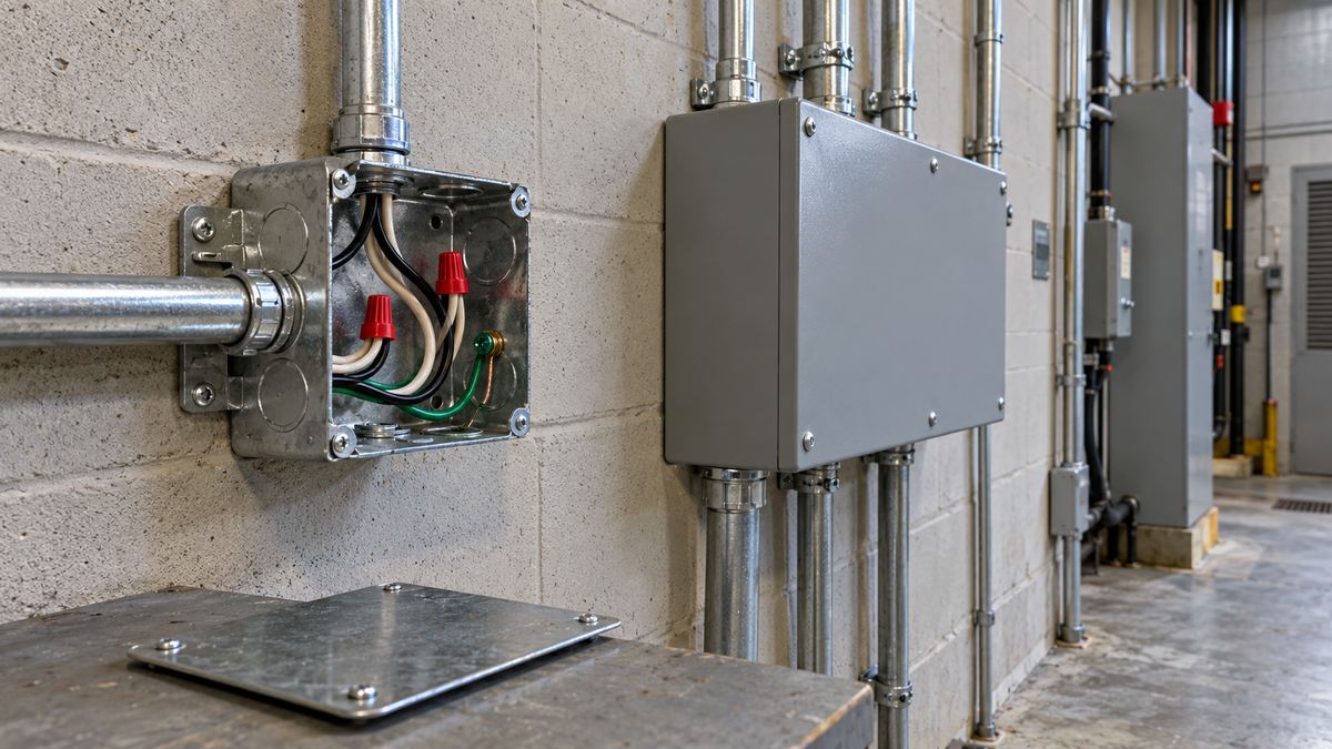Open steel junction box beside a larger industrial electrical enclosure