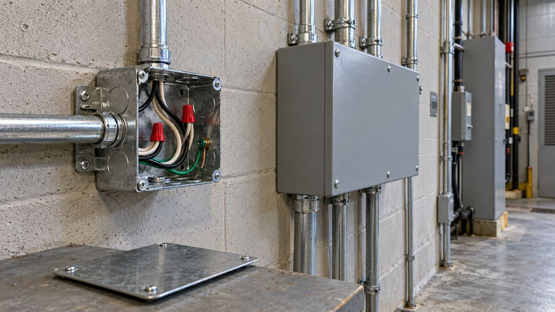 Open steel junction box beside a larger industrial electrical enclosure