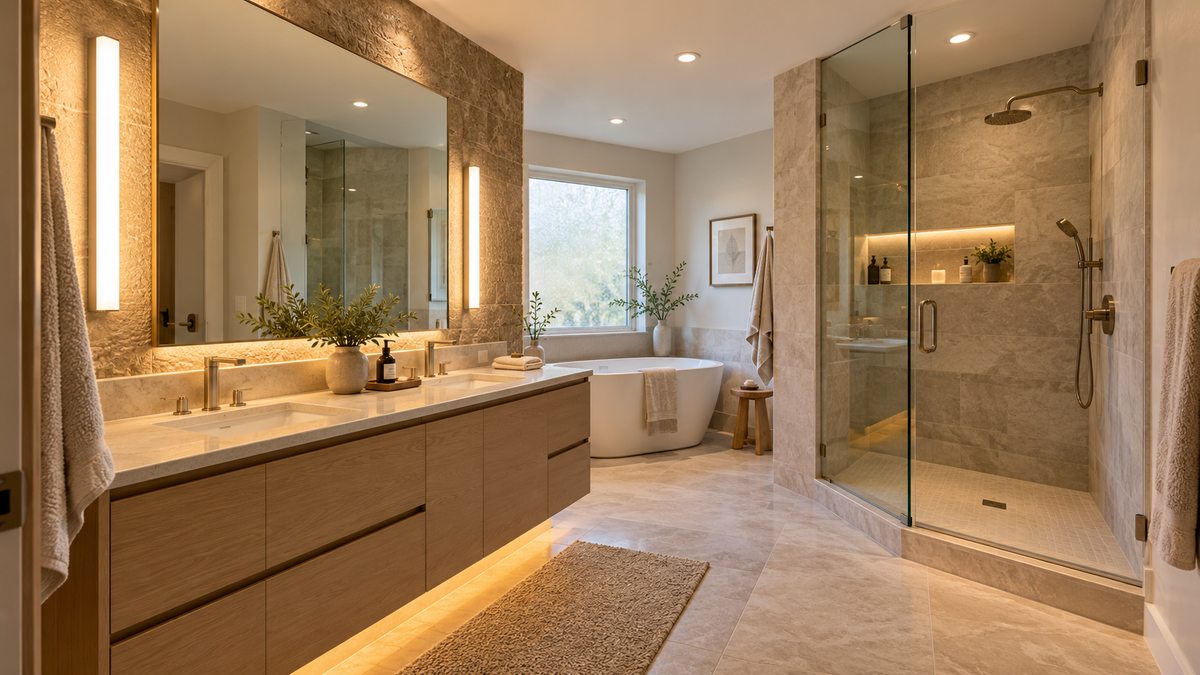 Modern bathroom with warm layered lighting