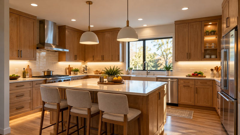 Modern kitchen with layered LED lighting fixtures