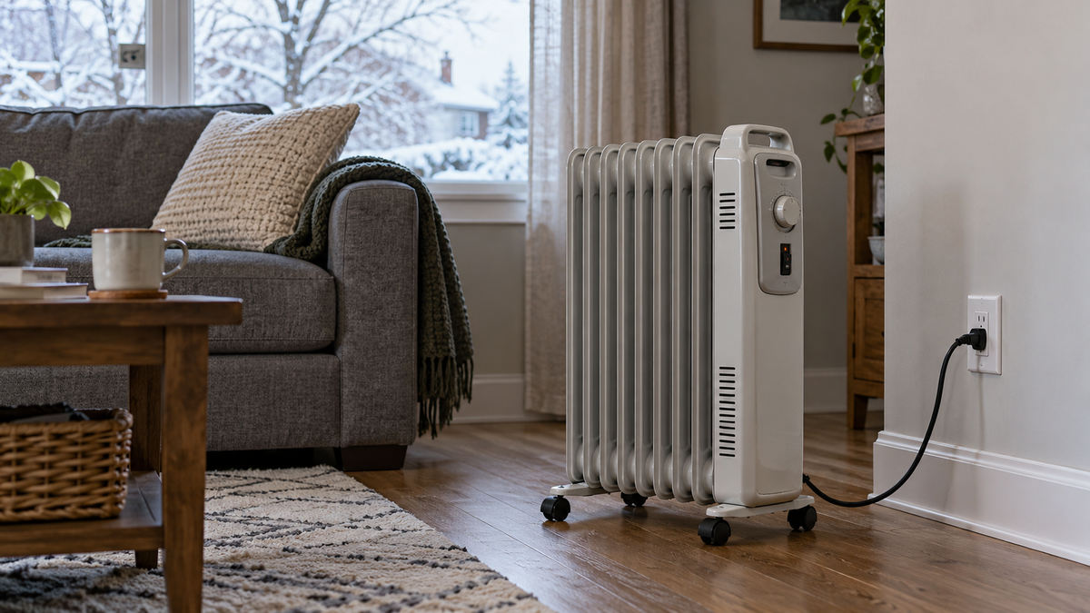 White oil-filled radiator beside snowy window