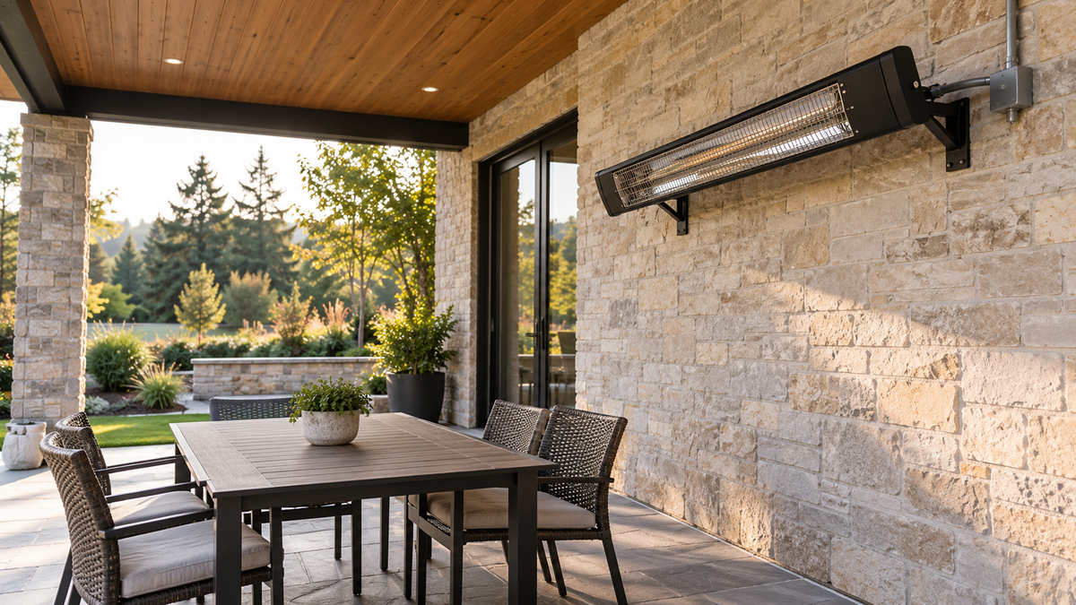Wall-mounted electric heater on covered patio
