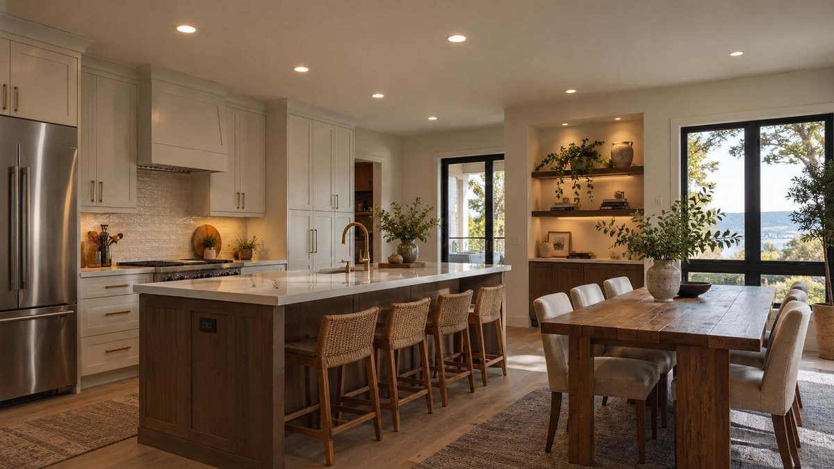 Recessed LED ceiling lights in a modern kitchen and dining room