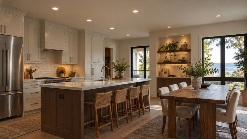 Recessed LED ceiling lights in a modern kitchen and dining room