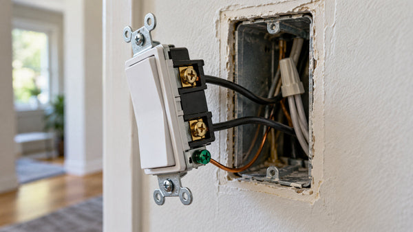 Single-pole light switch with exposed wiring connections