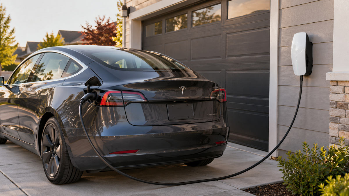 Tesla Model 3 charging outside home garage