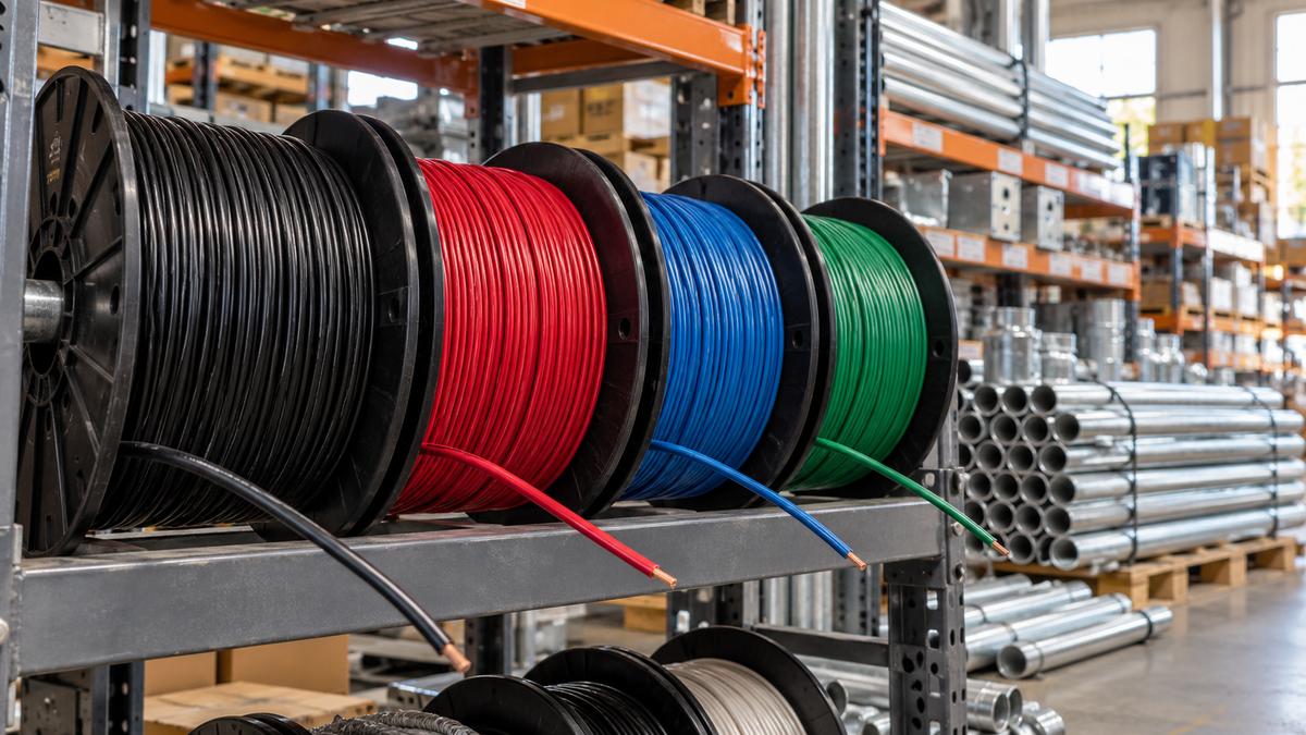 Colored electrical building wire spools in warehouse